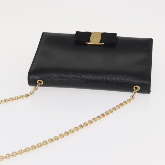 Salvatore Ferragamo Chain Shoulder Bag Leather Black Gold Auth 151702