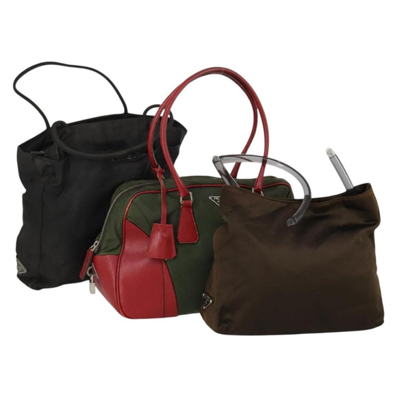 PRADA Tote Bag Nylon 3 Set Black Khaki Auth 151704