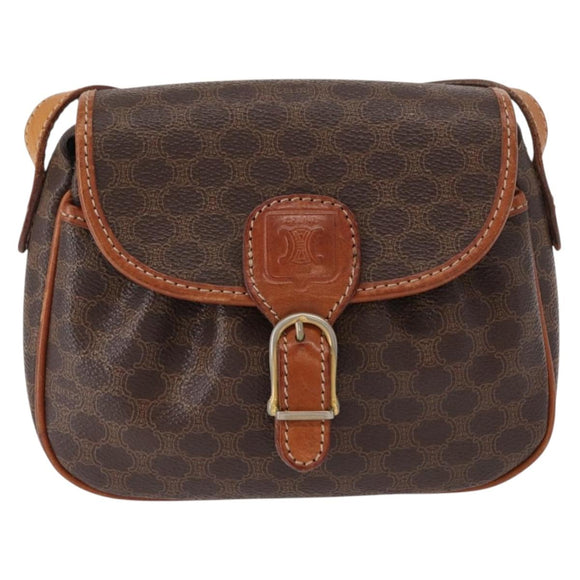 CELINE Macadam Canvas Shoulder Bag PVC Leather Brown Gold Auth 151785