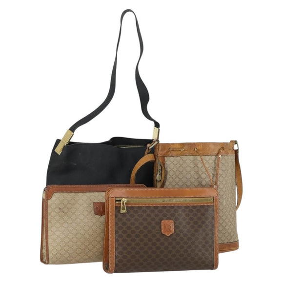 CELINE Macadam Canvas Shoulder Bag PVC 4 Set Beige Brown Navy Auth 151786