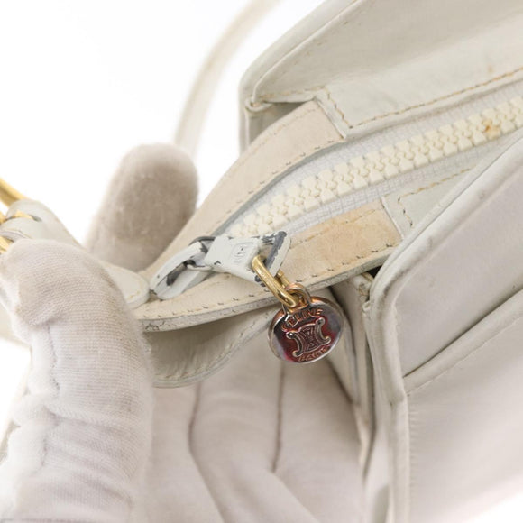 CELINE Shoulder Bag Leather White Gold Auth 151815