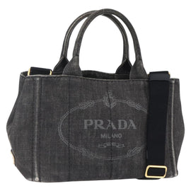 PRADA Canapa PM Hand Bag Denim 2way Black Gold Auth 151881
