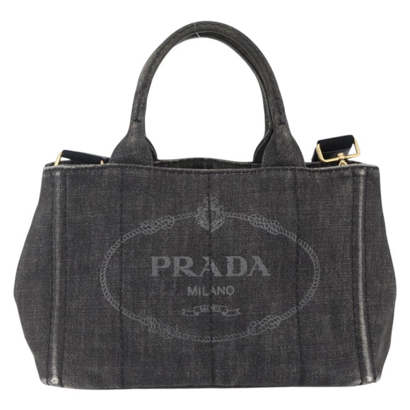 PRADA Canapa PM Hand Bag Denim 2way Black Gold Auth 151881