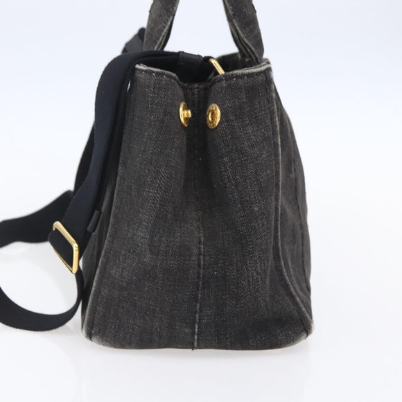 PRADA Canapa PM Hand Bag Denim 2way Black Gold Auth 151881