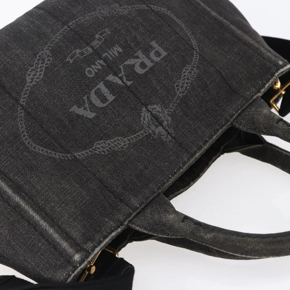 PRADA Canapa PM Hand Bag Denim 2way Black Gold Auth 151881