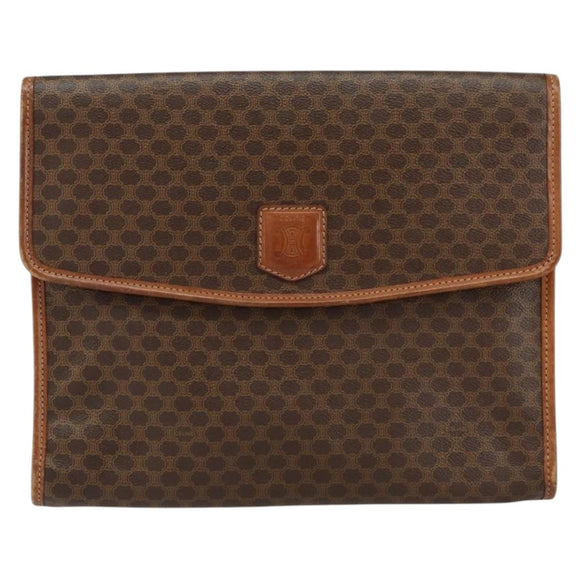 CELINE Macadam Canvas Clutch Bag PVC Leather Brown Gold Auth 151905