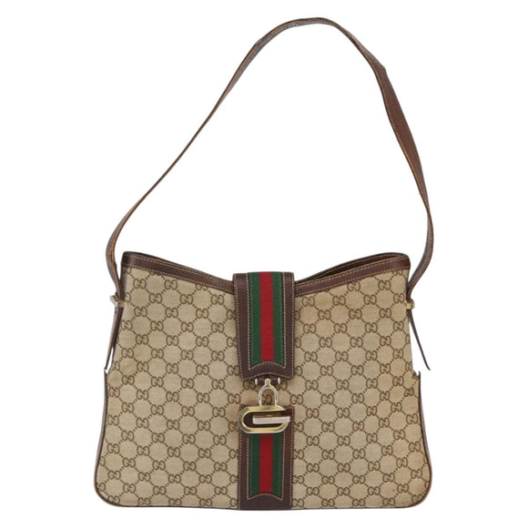 GUCCI GG Supreme Web Sherry Line Shoulder Bag PVC Beige Gold Auth 151924