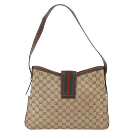 GUCCI GG Supreme Web Sherry Line Shoulder Bag PVC Beige Gold Auth 151924 - 0