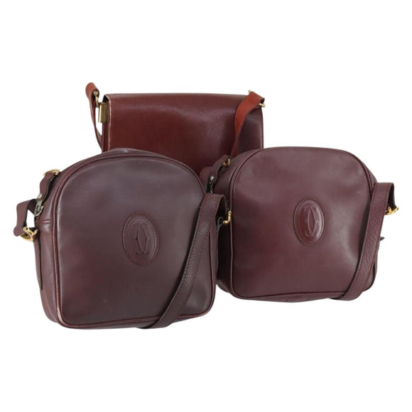 CARTIER Shoulder Bag Leather 3 Set Bordeaux Auth 151931