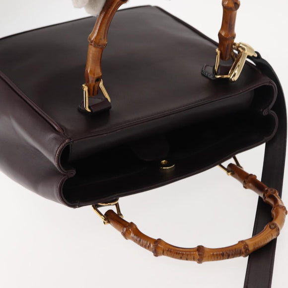GUCCI Bamboo Hand Bag Leather 2way Brown Gold Auth 151967