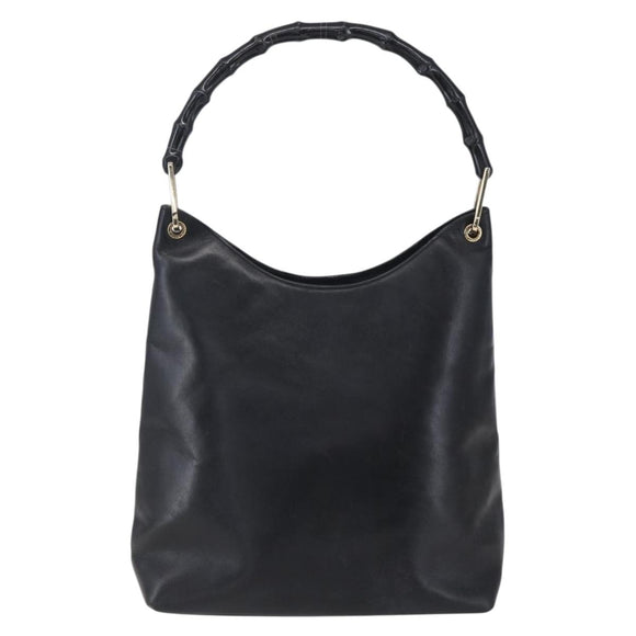 GUCCI Bamboo Shoulder Bag Leather Black Gold Auth 151973