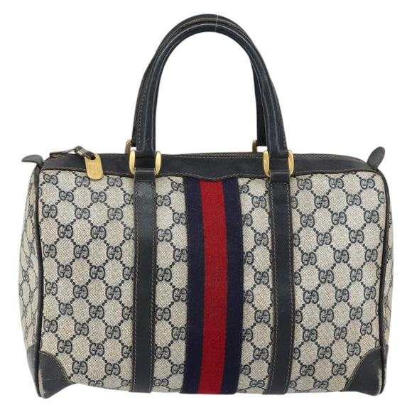 GUCCI GG Supreme Sherry Line Boston Bag PVC Navy Gold Red Auth 151975