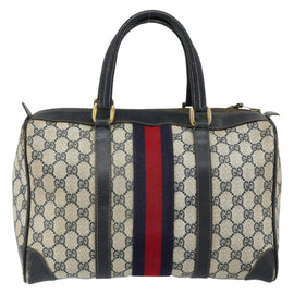 GUCCI GG Supreme Sherry Line Boston Bag PVC Navy Gold Red Auth 151975 - 0