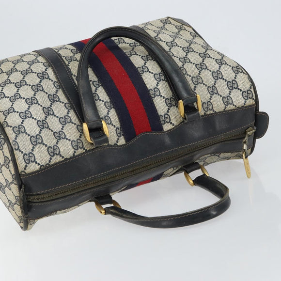 GUCCI GG Supreme Sherry Line Boston Bag PVC Navy Gold Red Auth 151975