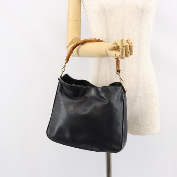 GUCCI Bamboo Hand Bag Leather Black Gold 001 0166 1638 Auth 152010