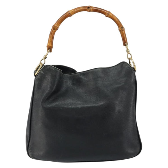 GUCCI Bamboo Hand Bag Leather Black Gold 001 0166 1638 Auth 152010