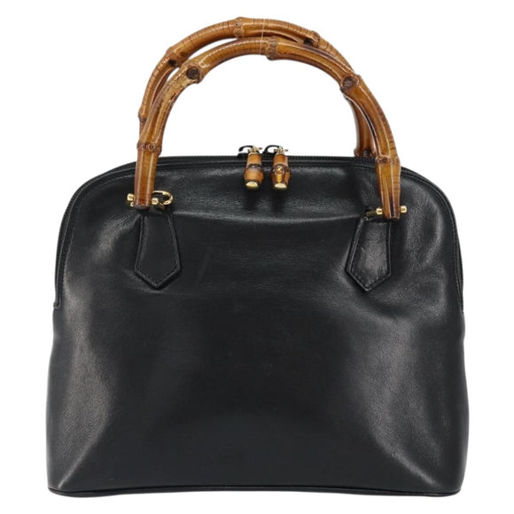 GUCCI Bamboo Hand Bag Leather Black Gold 000 1274 0290 Auth 152044