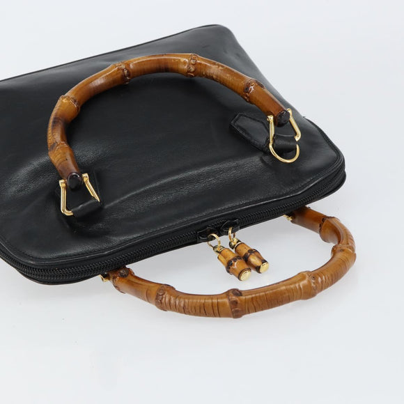 GUCCI Bamboo Hand Bag Leather Black Gold 000 1274 0290 Auth 152044