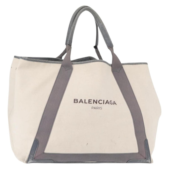 BALENCIAGA Navy Cabas M Hand Bag Canvas Leather White Silver 339936 Auth 152050