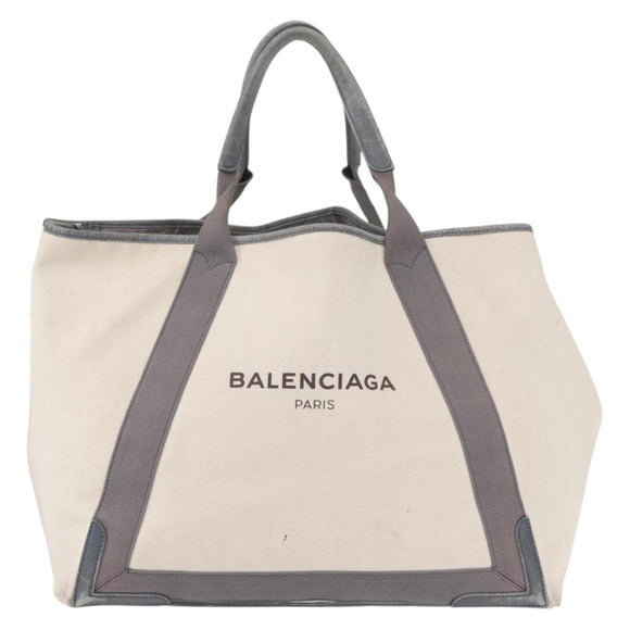 BALENCIAGA Navy Cabas M Hand Bag Canvas Leather White Silver 339936 Auth 152050