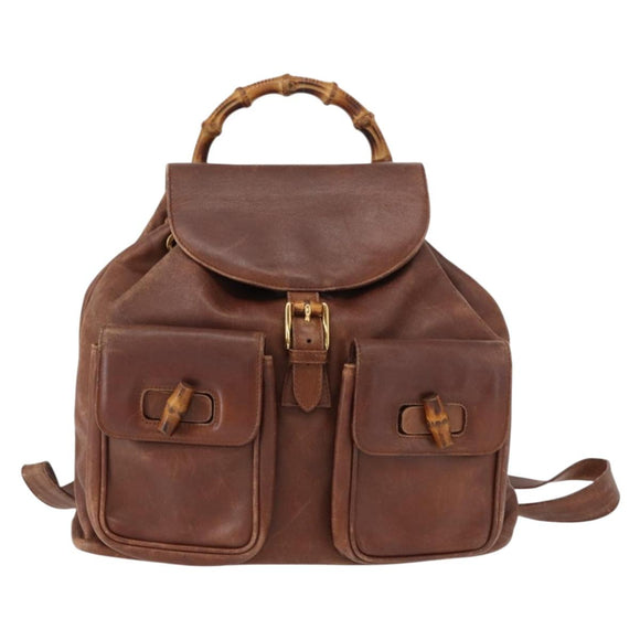 GUCCI Bamboo Backpack Leather Brown Gold 003 2058 0016 Auth 152053