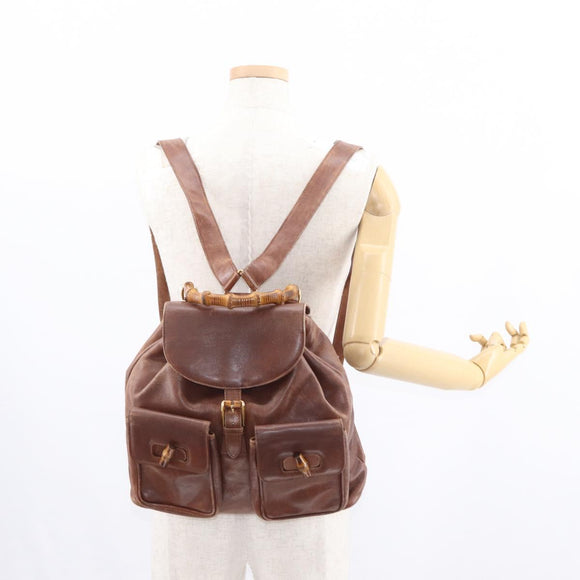 GUCCI Bamboo Backpack Leather Brown Gold 003 2058 0016 Auth 152053