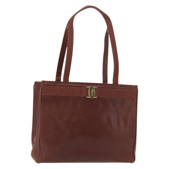 Salvatore Ferragamo Tote Bag Leather Embossed Brown Gold Auth 152061