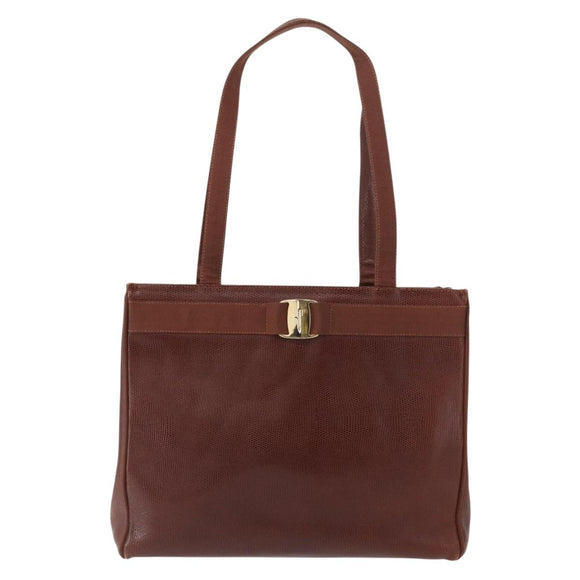Salvatore Ferragamo Tote Bag Leather Embossed Brown Gold Auth 152061
