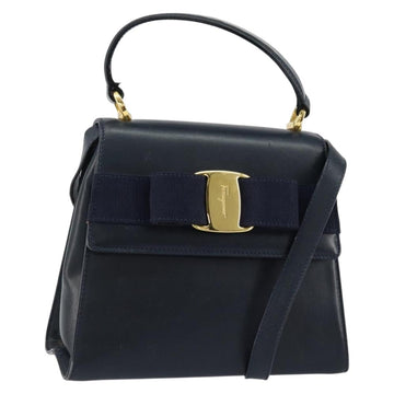 Salvatore Ferragamo Vala Ribbon Hand Bag Leather 2way Navy Gold Auth 152145