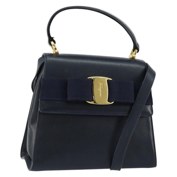 Salvatore Ferragamo Vala Ribbon Hand Bag Leather 2way Navy Gold Auth 152145