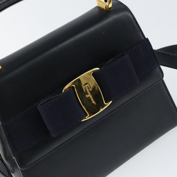 Salvatore Ferragamo Vala Ribbon Hand Bag Leather 2way Navy Gold Auth 152145
