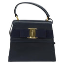 Salvatore Ferragamo Vala Ribbon Hand Bag Leather 2way Navy Gold Auth 152145-13