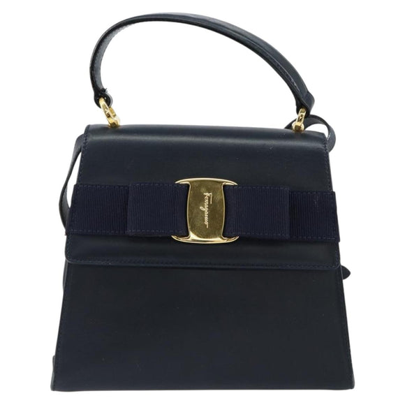 Salvatore Ferragamo Vala Ribbon Hand Bag Leather 2way Navy Gold Auth 152145