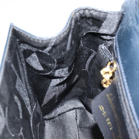 Salvatore Ferragamo Vala Ribbon Hand Bag Leather 2way Navy Gold Auth 152145