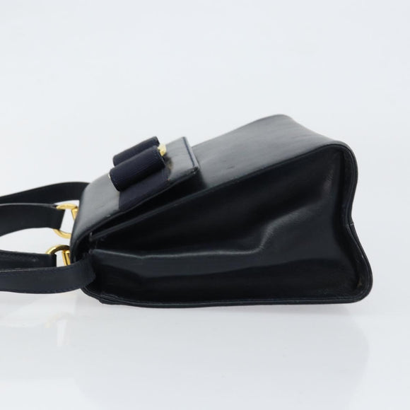Salvatore Ferragamo Vala Ribbon Hand Bag Leather 2way Navy Gold Auth 152145