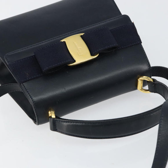 Salvatore Ferragamo Vala Ribbon Hand Bag Leather 2way Navy Gold Auth 152145