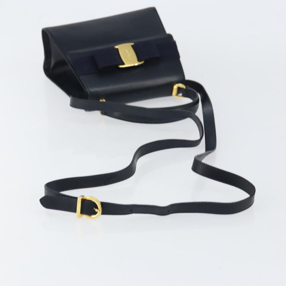 Salvatore Ferragamo Vala Ribbon Hand Bag Leather 2way Navy Gold Auth 152145