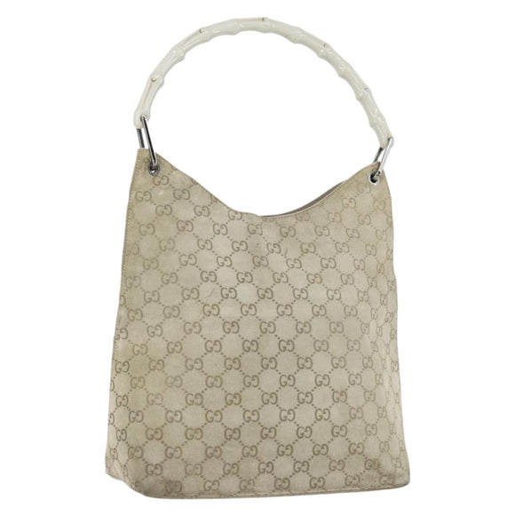 GUCCI Bamboo GG Canvas Hand Bag Suede Beige Silver 001 1705 3006 Auth 152147