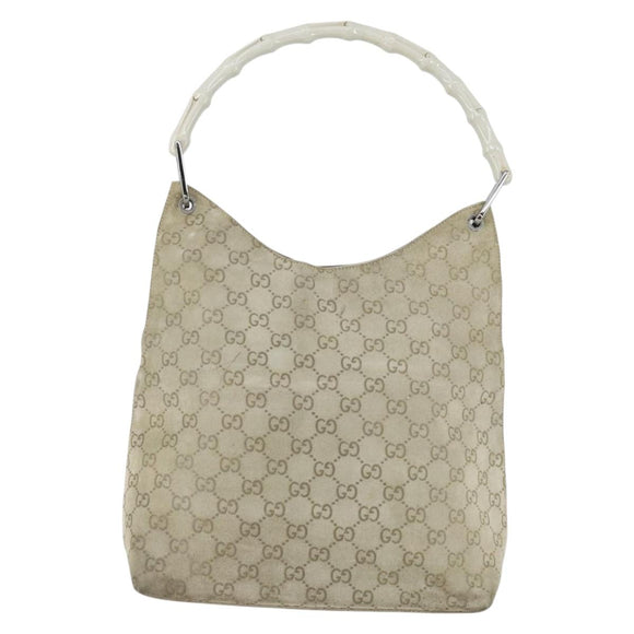 GUCCI Bamboo GG Canvas Hand Bag Suede Beige Silver 001 1705 3006 Auth 152147