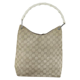 GUCCI Bamboo GG Canvas Hand Bag Suede Beige Silver 001 1705 3006 Auth 152147 - 0