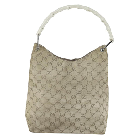 GUCCI Bamboo GG Canvas Hand Bag Suede Beige Silver 001 1705 3006 Auth 152147