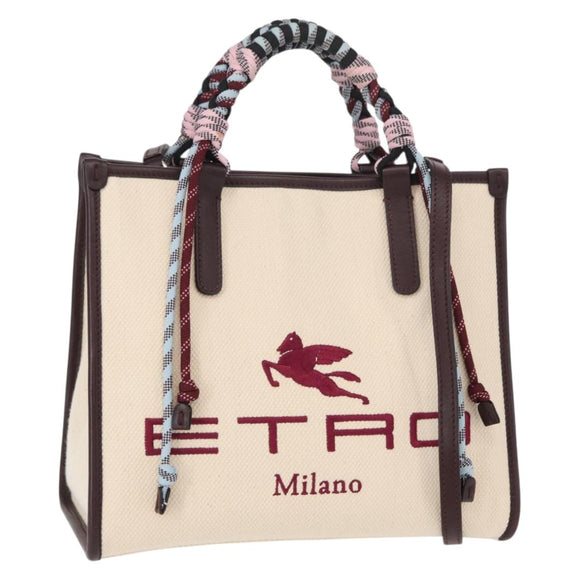 ETRO Tote Bag Canvas 2way White Gold Auth 152152