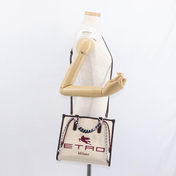 ETRO Tote Bag Canvas 2way White Gold Auth 152152