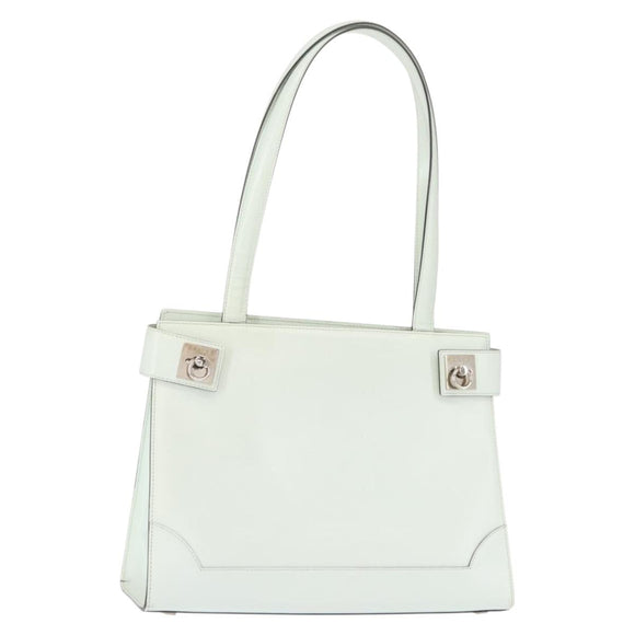 CELINE Tote Bag Leather Silver White Auth 152230