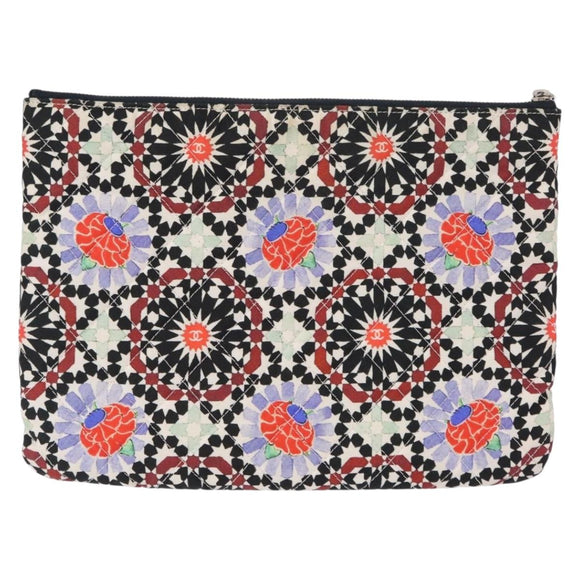 CHANEL COCO Mark Floral Clutch Bag Nylon Black Silver CC Auth 152233