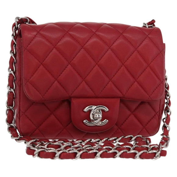 CHANEL Mini Materasse 17 Chain Shoulder Bag Lamb Skin Red Silver CC Auth 152236V