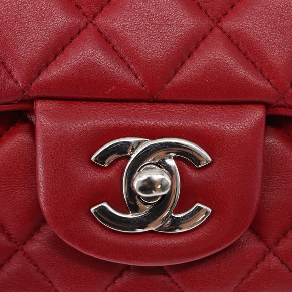 CHANEL Mini Materasse 17 Chain Shoulder Bag Lamb Skin Red Silver CC Auth 152236V