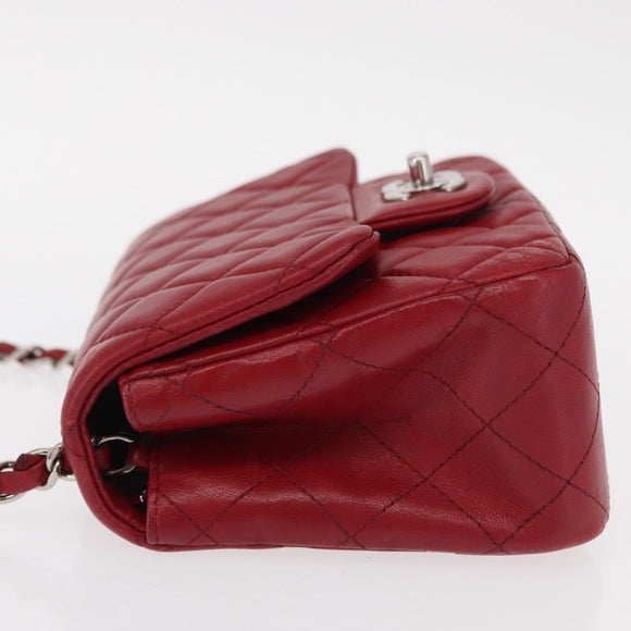 CHANEL Mini Materasse 17 Chain Shoulder Bag Lamb Skin Red Silver CC Auth 152236V