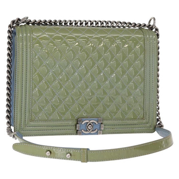 CHANEL Chain Boy Chanel Shoulder Bag Patent leather Green Blue CC Auth 152239