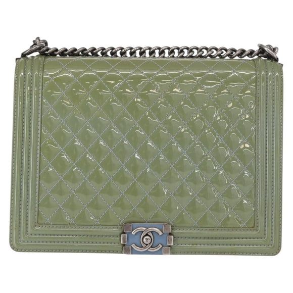 CHANEL Chain Boy Chanel Shoulder Bag Patent leather Green Blue CC Auth 152239
